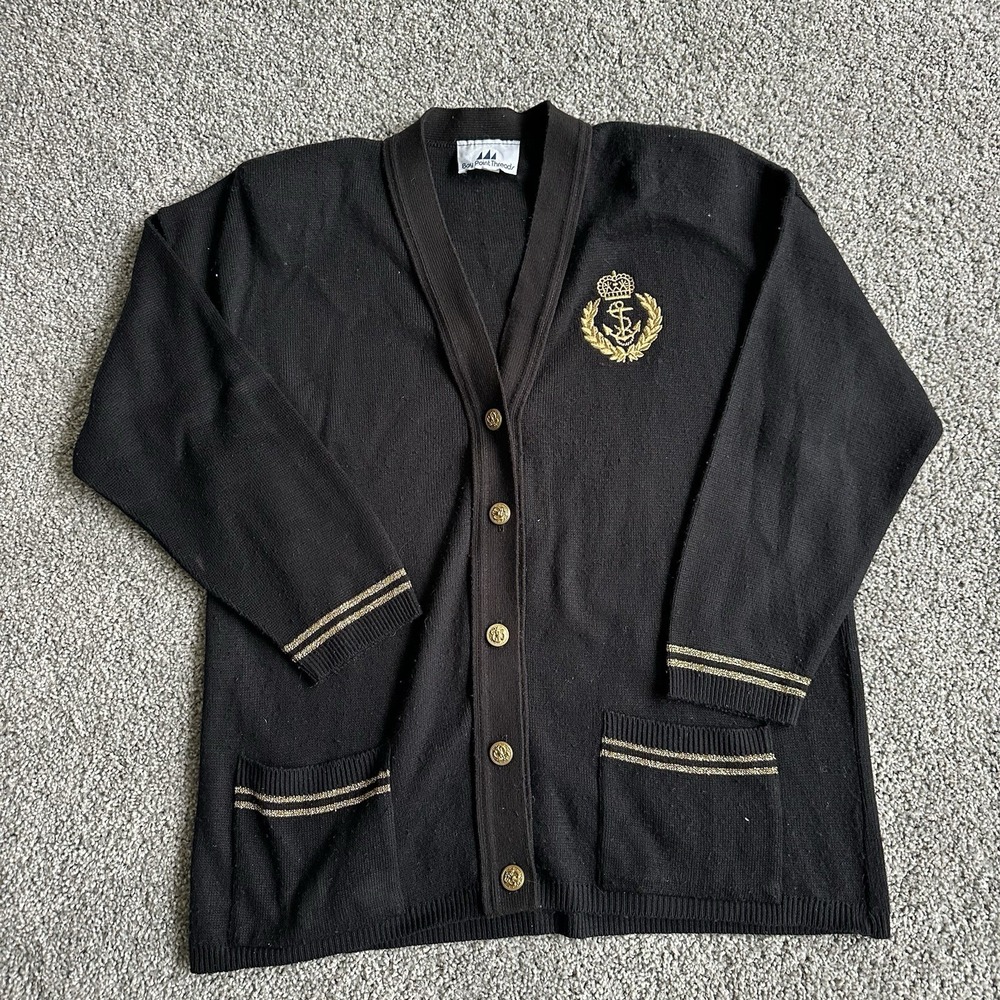 Bay Point Threads women's black cardigan sweater w/gold trim glitter, size Large